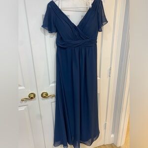 Christina Wu Flowy V-neck Navy Floor Length Chiffon Bridesmaids Dress SZ 14